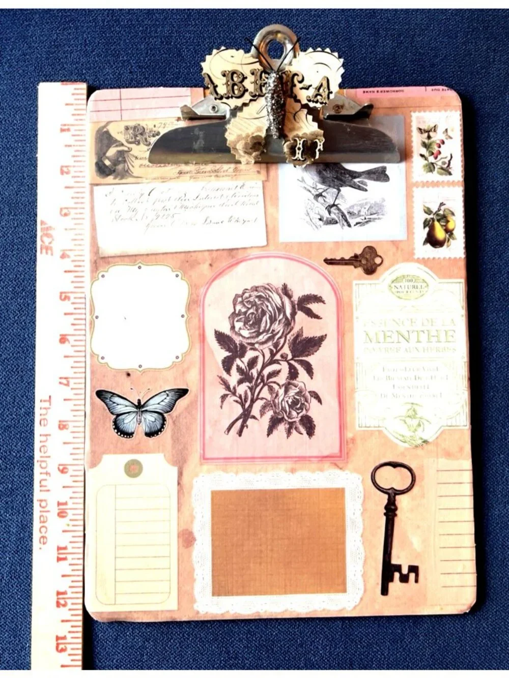 Handcrafted CLIPBOARD Upcycled Decopage Butterfly Bird Rose Key Victorian 12 x 9